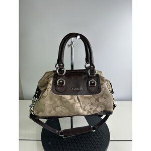 Coach Bag Ashley 2 Way Strap Handle Brown Leather Signature Fabric F1182-F15443